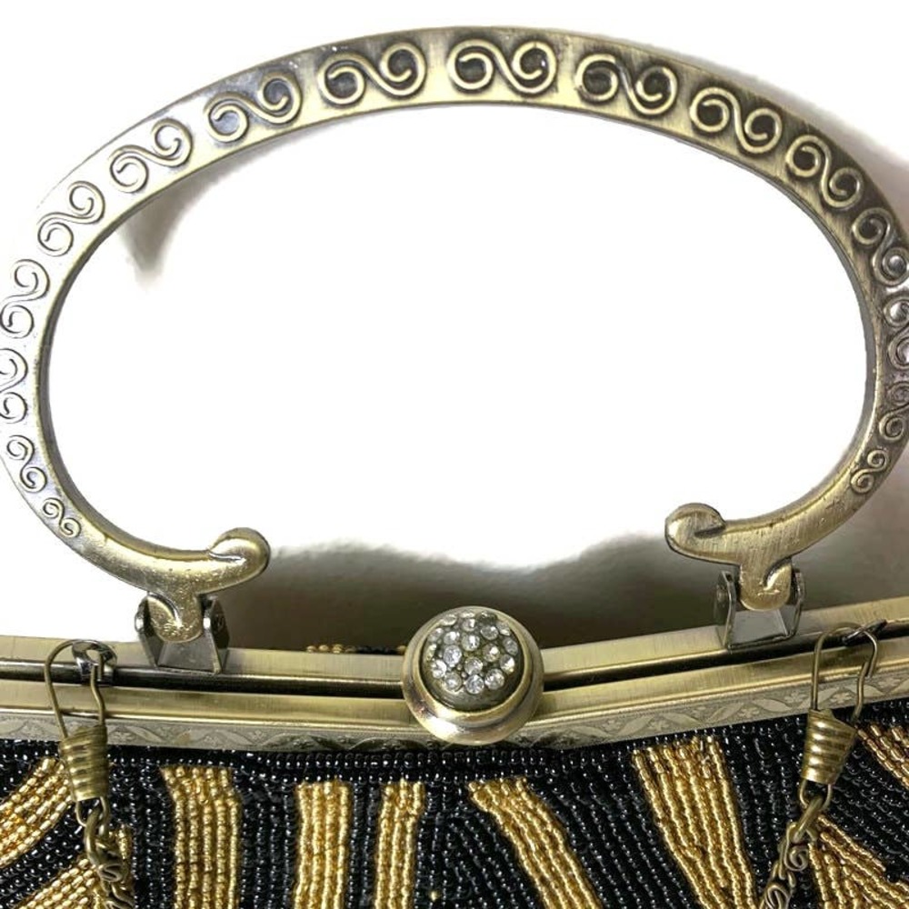Vintage Gold Black Beaded Evening Purse Party Handbag With Chain Crossbody Strap - Picture 2 of 16